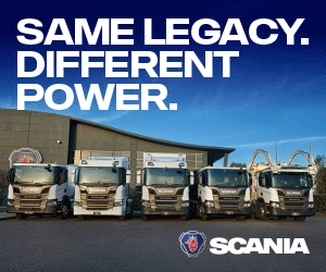 Animated Scania Super 11 advertisement showing five Scania trucks and highlighting up to seven per cent lower fuel consumption, increased uptime and lower weight.
