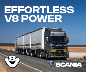 Animated Scania V8 advertisement showing a black Scania B-double travelling on an Australian highway.