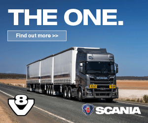 Animated advertisement featuring a black Scania V8 B-double travelling along an Australian highway.