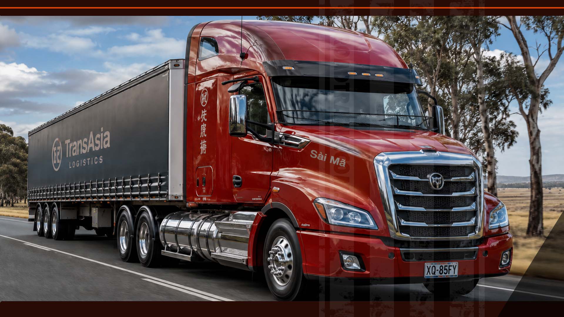 Artist’s impression of a red Sài Mǎ prime mover hauling a curtainsider on an Australian highway.